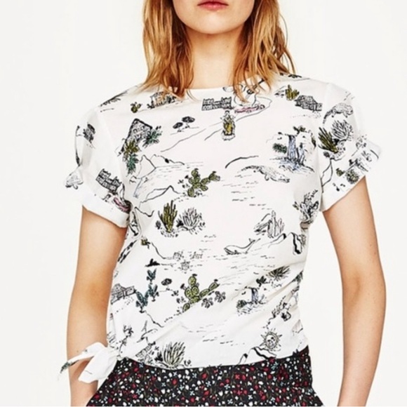 Zara Roadtrip Vacay Drawn Desert Print Side Tie Short Sleeve Top - Picture 2 of 5